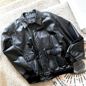 Leather Black Bomber Jacket- men’s/unisex- lotsa pockets Biker Varsity